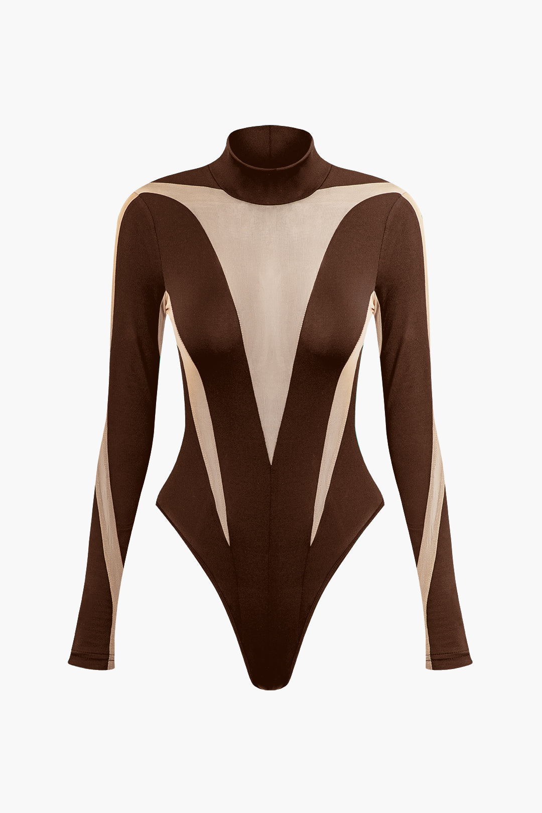 Patchwork Mesh Mock Neck Long Sleeve Bodysuit