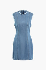 Fray Trim Zipper Round Neck Sleeveless Denim Mini Dress