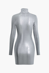 Metallic Turtleneck Long Sleeve Bodycon Mini Dress