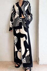 Printed V-neck Button Up Long Sleeve Shirt And Wide Leg Pants Set