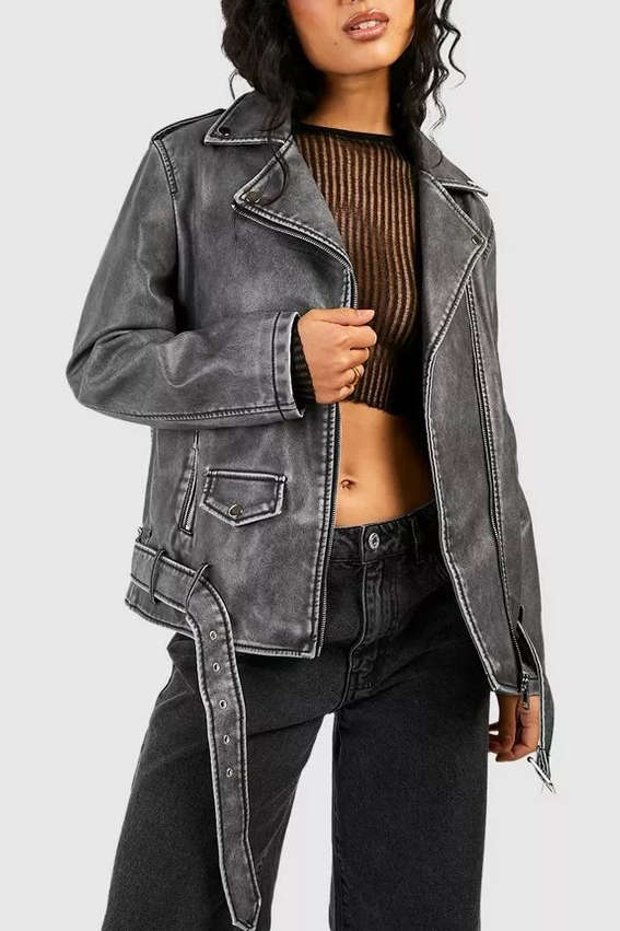 Faux Leather Notched Lapel Zipper Belted Jacket