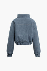 Stand Collar Flap Pocket Zipper Denim Coat