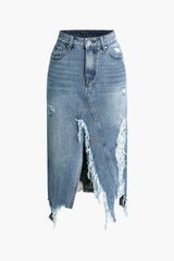 Asymmetrical Frayed Destroyed Split Denim Midi Skirt