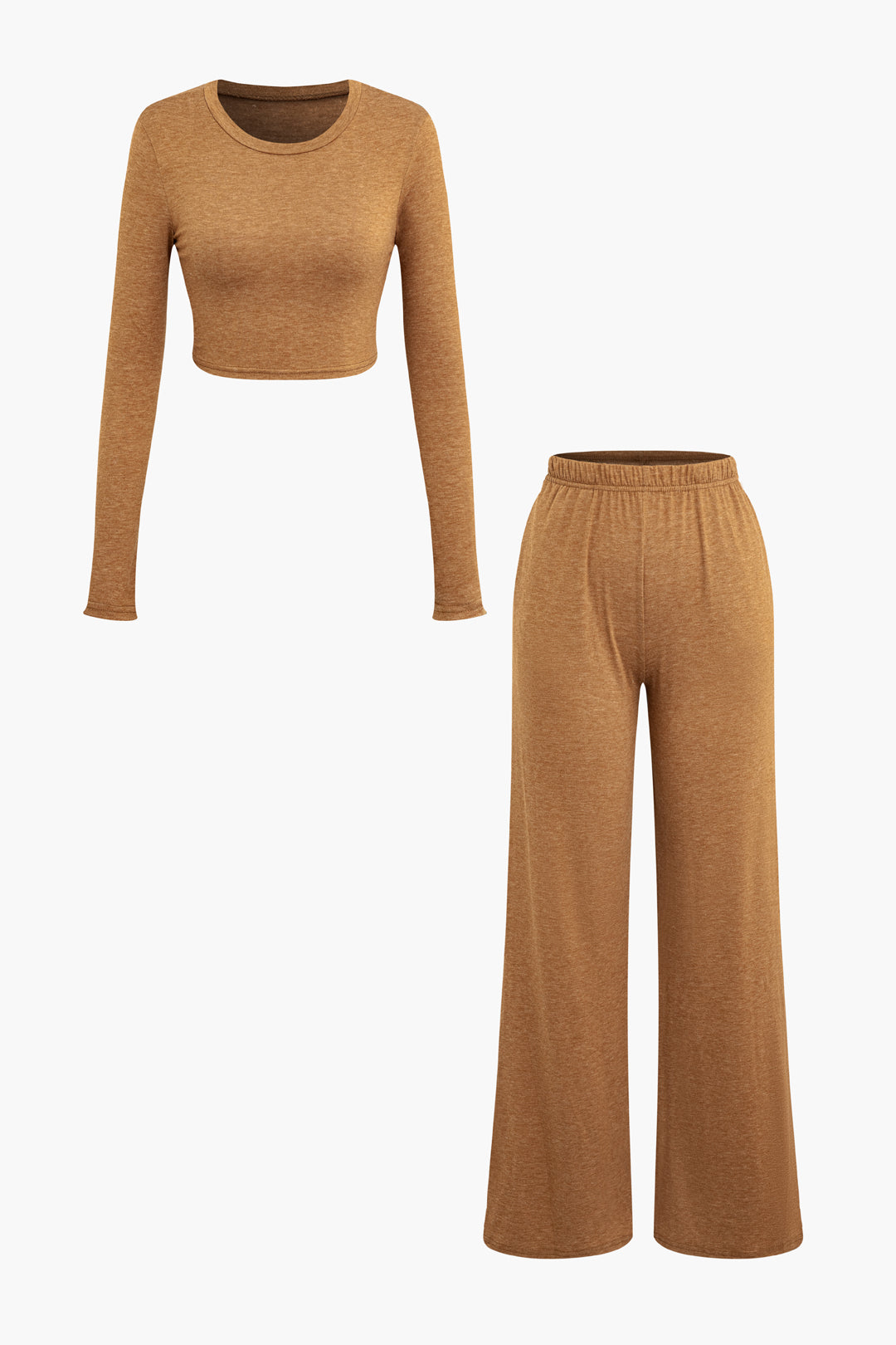 Solid Long Sleeve Crop Top And Straight Leg Pants Set