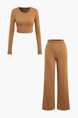 Solid Long Sleeve Crop Top And Straight Leg Pants Set