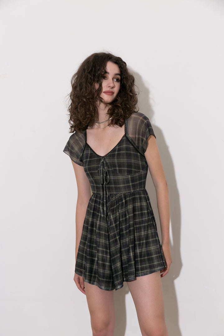 Square Neck Short Flutter Sleeve Checkered Vintage Playsuit