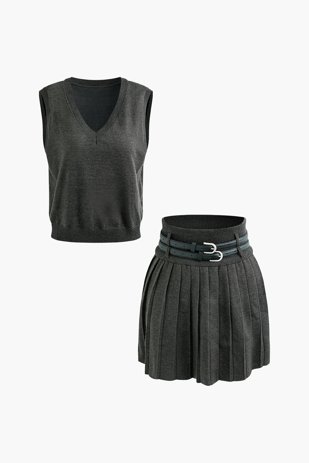 V-neck Sweater Vest And Double Belt Pleated Skirt Set