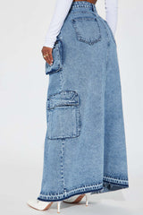 Denim Multi Pocket Slit Cargo Skirt