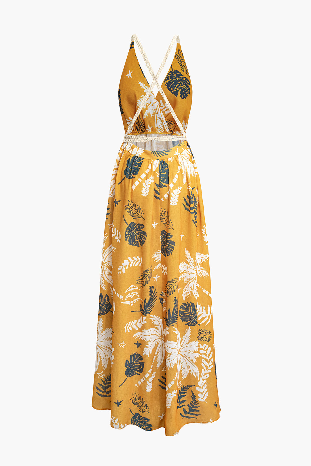 Leaves Print V-neck Rope Tie Backless Maxi Dress