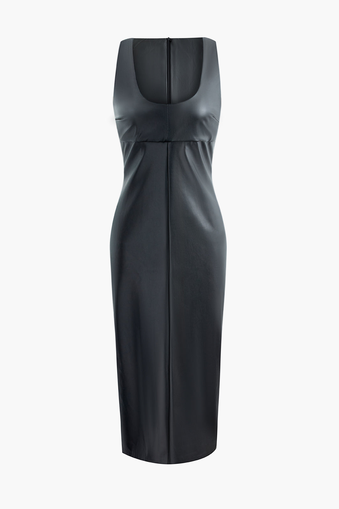 Faux Leather Square Neck Sleeveless Slit Maxi Dress