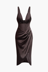 Ruched V-neck Slit Midi Dress