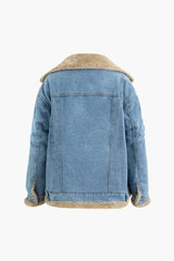 Faux Fur Pocket Notched Lapel Denim Jacket