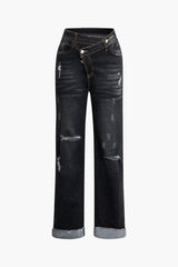 Asymmetric Waist Frayed Trim Ripped Straight Leg Jeans