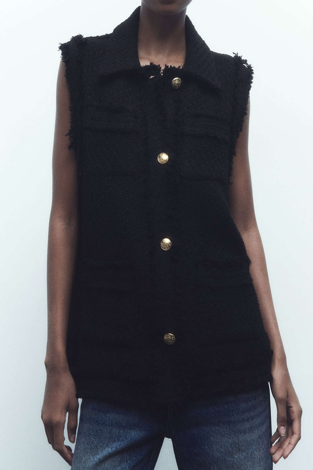 Frayed Trim Textured Tweed Collared Vest