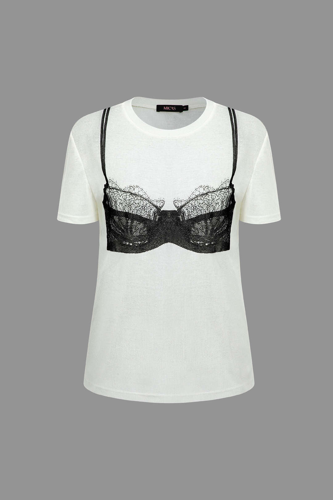 Lace Bikini Print Round Neck  Short Sleeve T-shirt