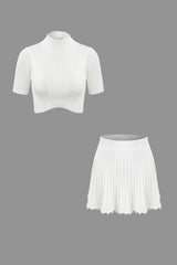 Solid Mock Neck Short Sleeve Rib Knit Top And Mini Skirt Set