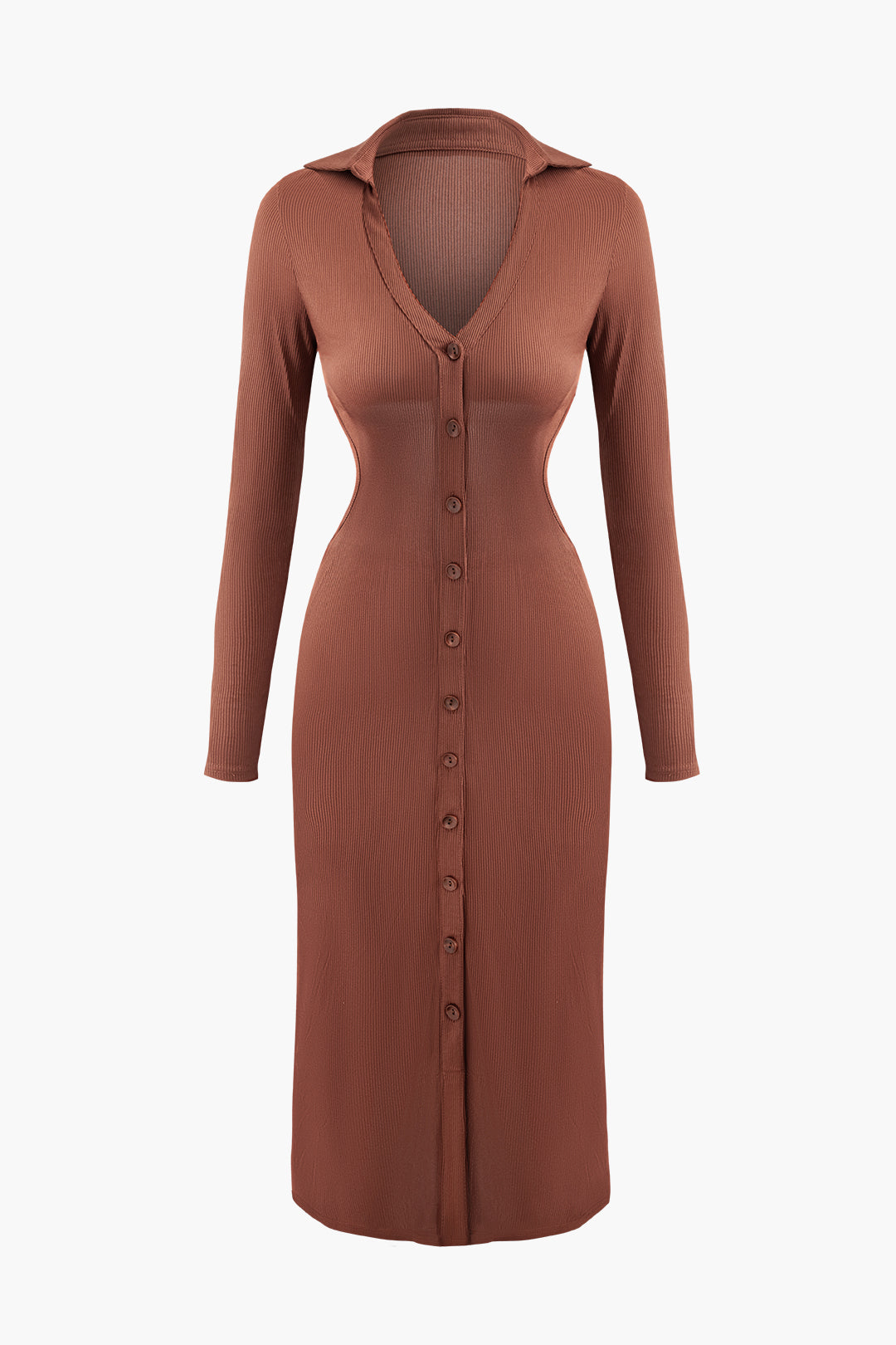 V-Neck Cut Out Button Up Long Sleeve Knit Midi Dress