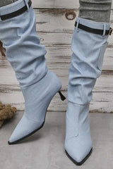 Denim Belt Detail Pointed-toe Mid-calf Boots