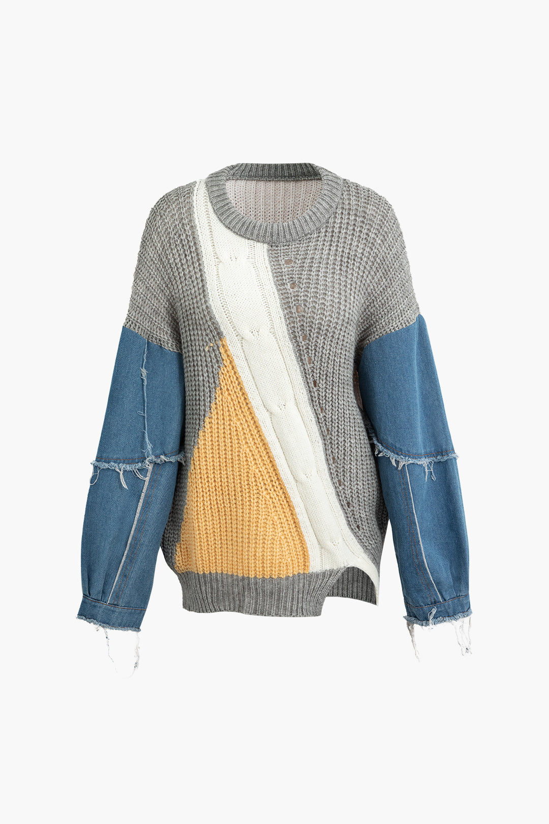 Contrast Denim Stitching Round Neck Sweater