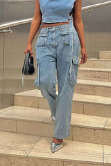 Multi-pocket Cargo Wide Leg Jeans