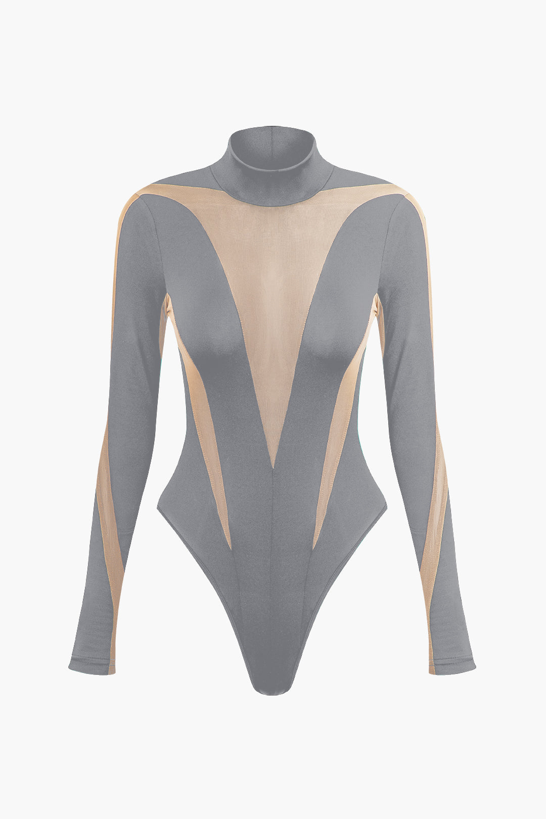 Patchwork Mesh Mock Neck Long Sleeve Bodysuit