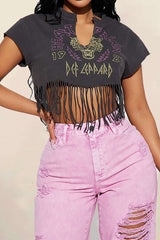 Printed Fringe Hem V-neck T-shirt