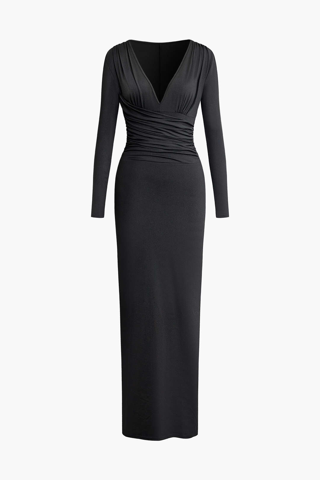 Solid V-neck Ruched Long Sleeve Maxi Dress