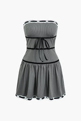 Lace Trim Tie Front Strapless Pleated Mini Dress