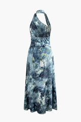 Watercolor Print Halter Backless Maxi Dress