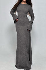 Solid Round Neck Long Sleeve Mermaid Maxi Dress