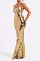 Metallic Tie Halter Cowl Neck Backless Maxi Dress