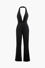 Deep V-Neck Halter Backless Ruched Jumpsuit