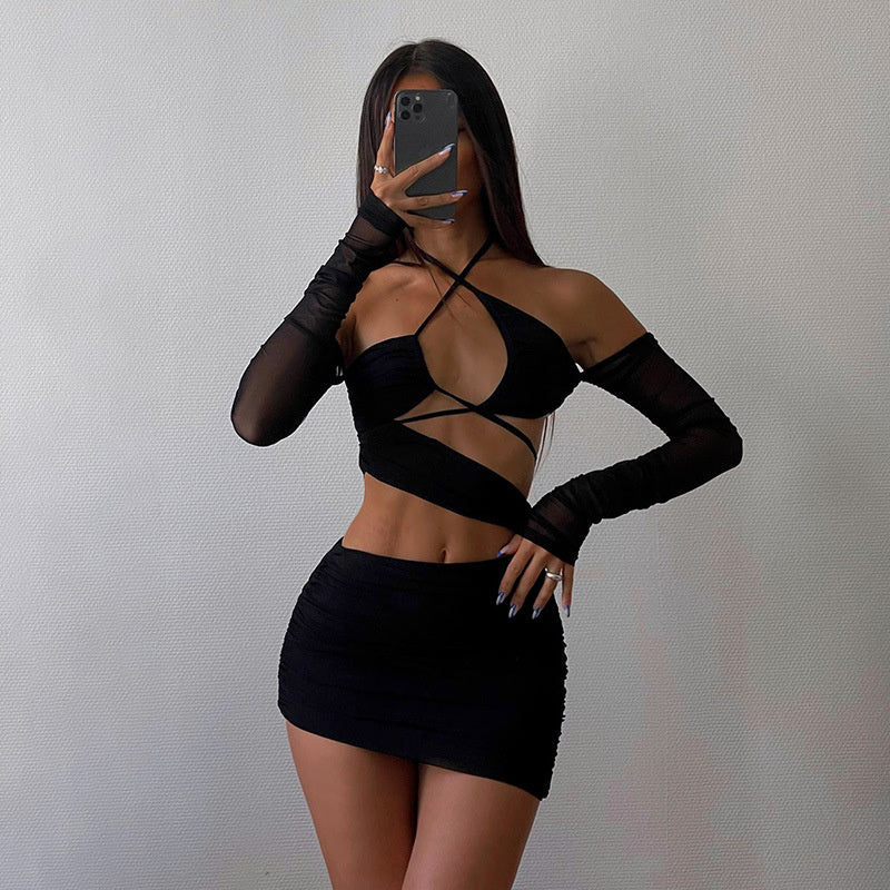 Cecil Black Hollow Out Cut Out Halter Backless Mini Dress