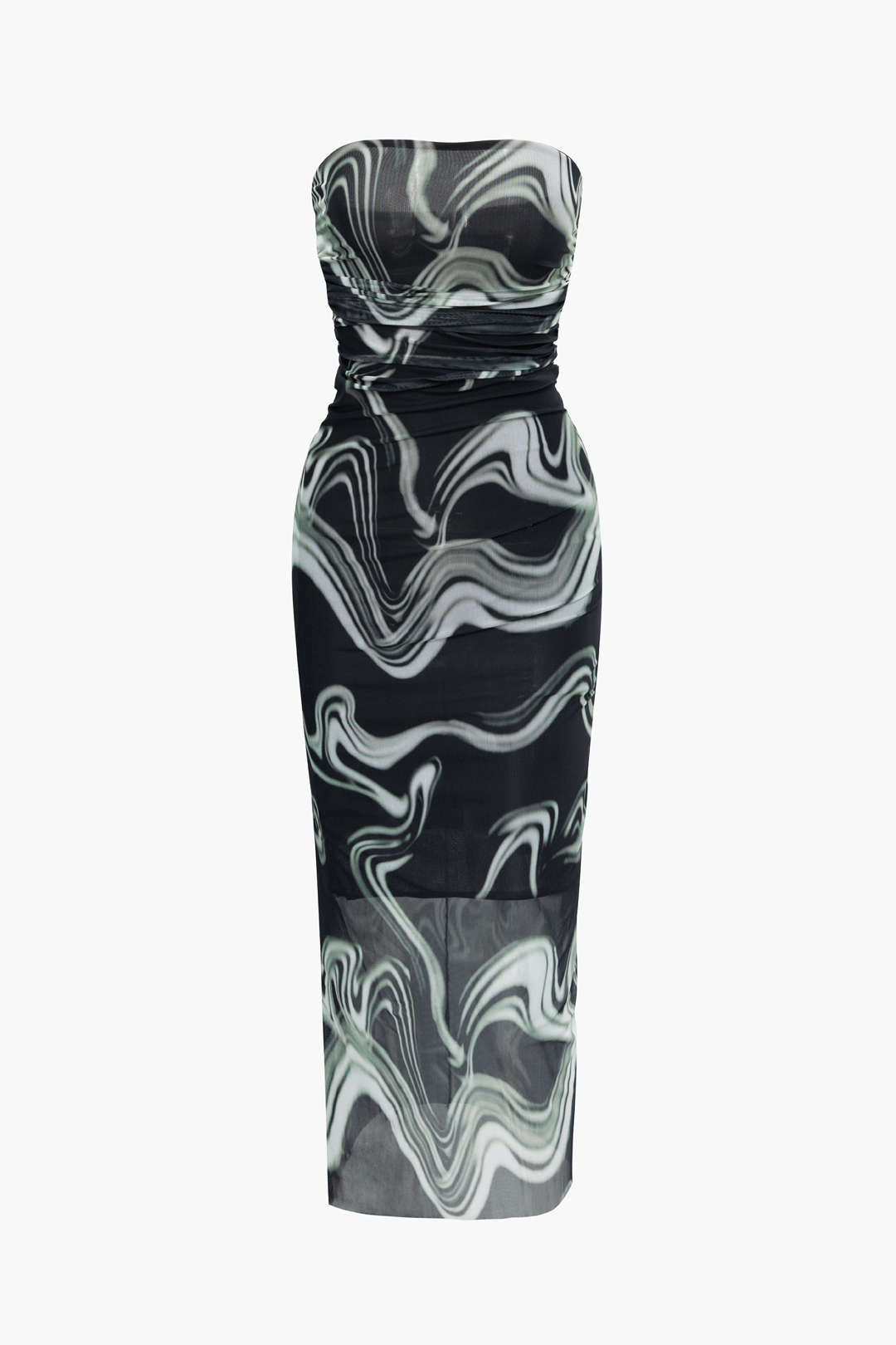 Swirl Print Strapless Ruched Mesh Midi Dress