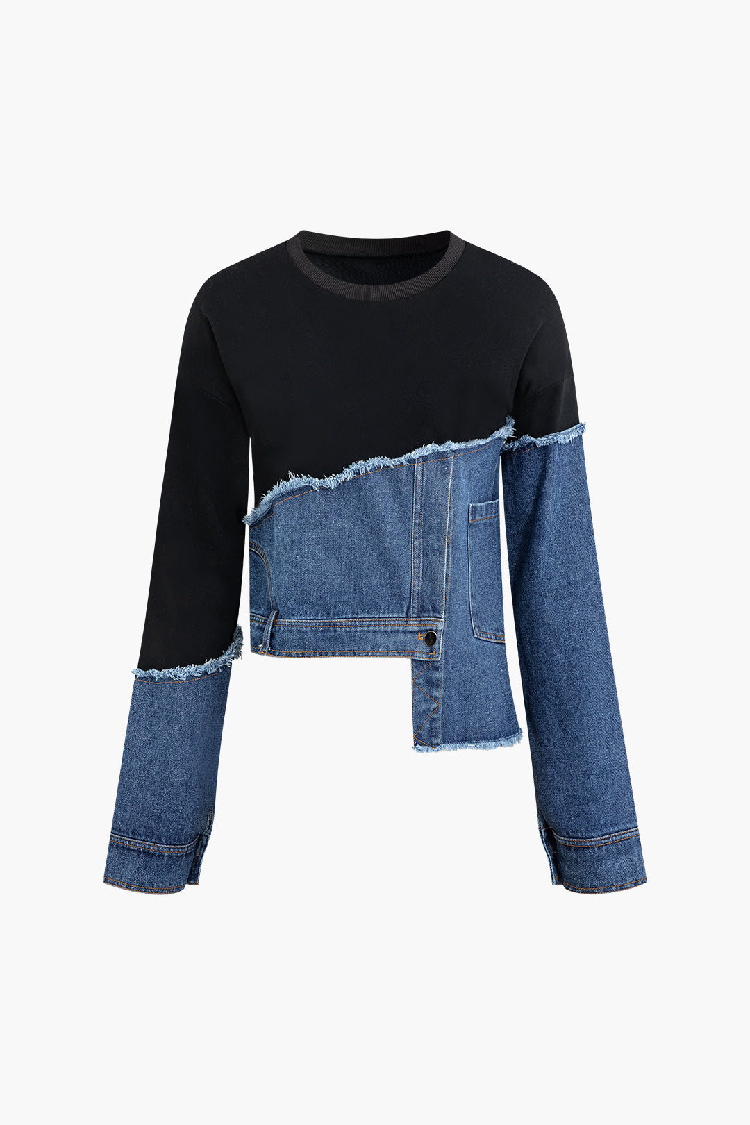 Patchwork Denim Asymmetrical Long Sleeve Sweatshirt