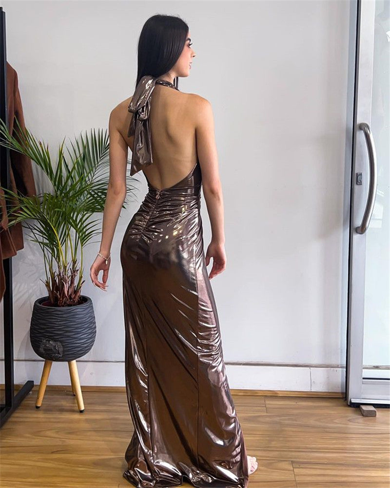 Beryl Shiny Ruched Sexy Maxi Dress