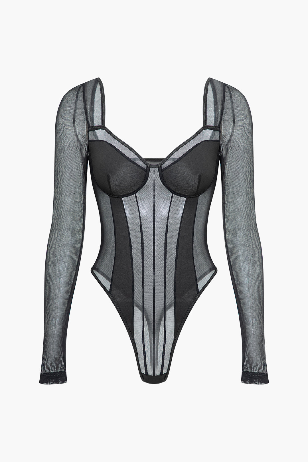 V-neck Mesh Long Sleeve Bodysuit