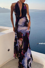 Floral Print Cowl V-neck Backless Tie Halter Maxi Dress