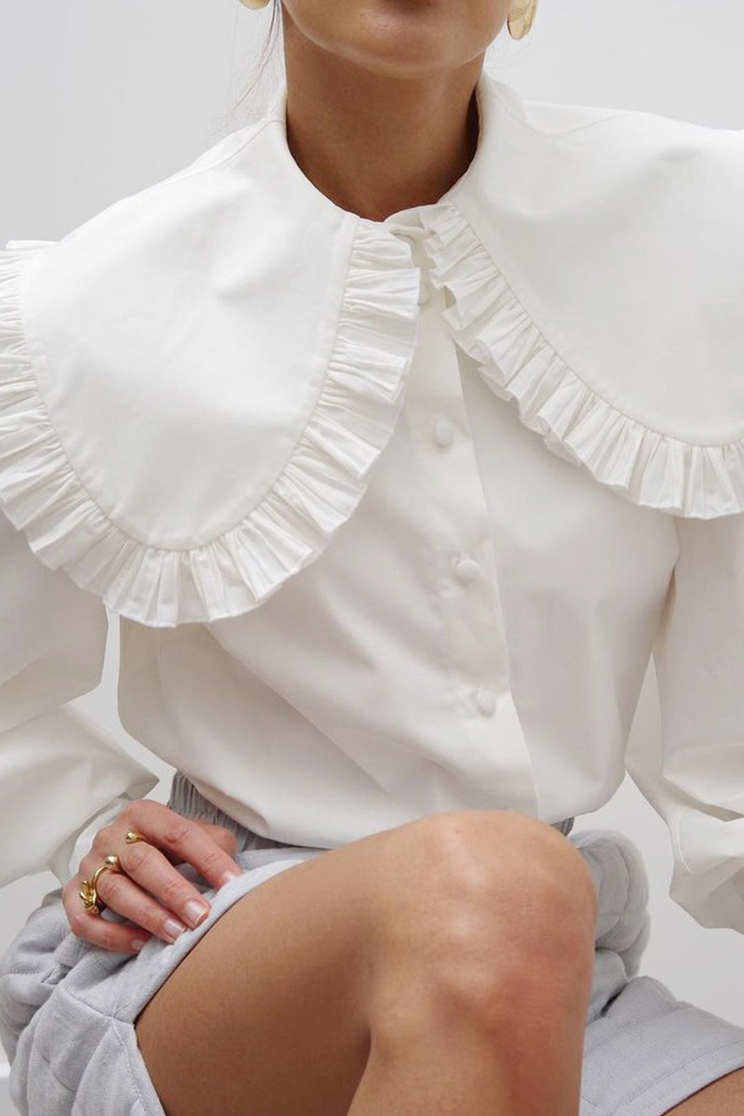 Peter Pan Ruffle Collar Button Up Long Sleeve Blouse