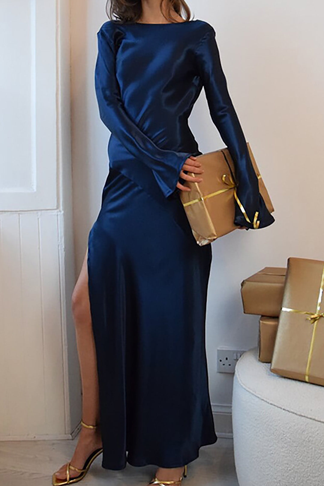 Satin Backless Bell Sleeve Slit Maxi Dress