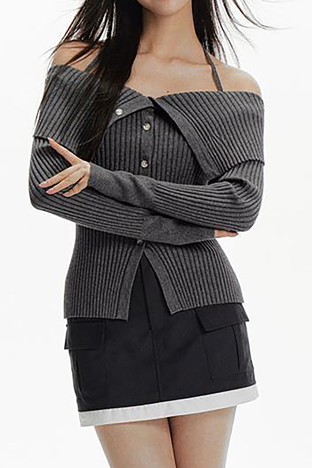 Off Shoulder Wrap Tie Halter Button Up Knit Top