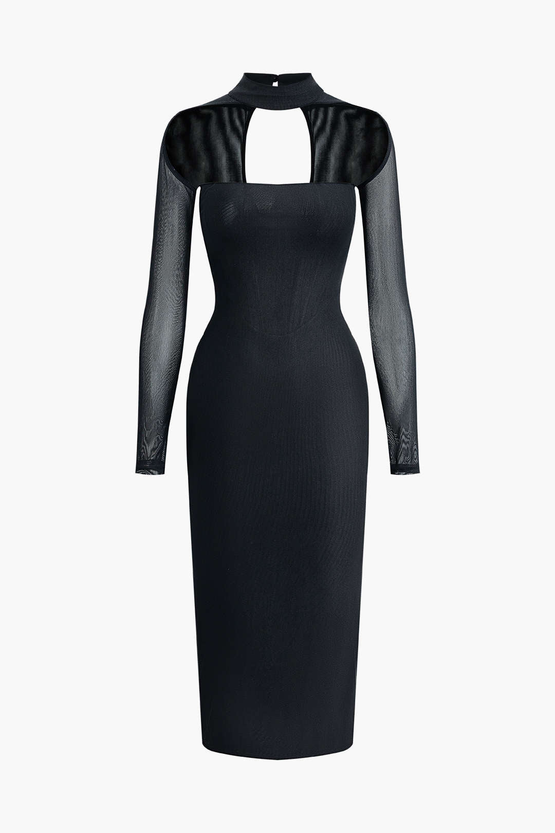 Cut Out Mesh Mock Neck Zipper Midi Dress