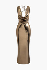 Metallic Cowl Neck Tie Backless Sleeveless Maxi Dress