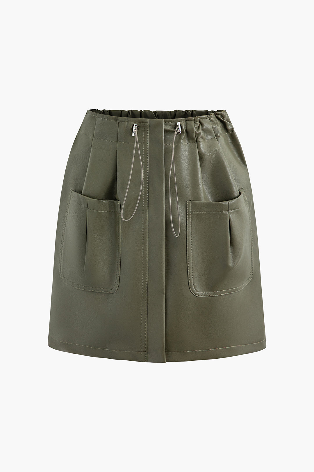 Drawstring Ruched Pocket Pleated Faux Leather Skirt