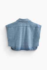 Asymmetric Button Up Flap Pocket Crop Denim Vest