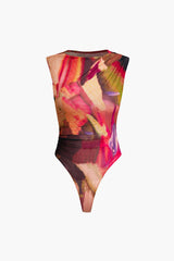 Abstract Print Mesh Sleeveless Bodysuit