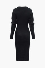 Solid V-neck Rib Knit Long Sleeve Midi Dress