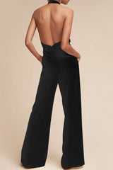 Deep V-Neck Halter Backless Ruched Jumpsuit