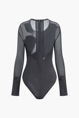 Patchwork Mesh Zipper Round Neck Long Sleeve Bodysuit