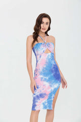 Blue Tie Dye Halter Neck Midi Dress